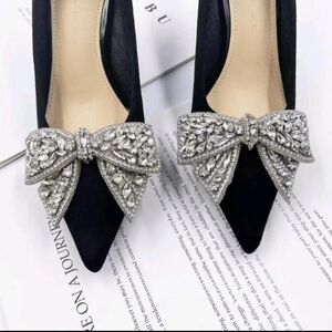 2pc Metal Bow Shoe Accessory Buckles w/Crystal Rhinestone Decor